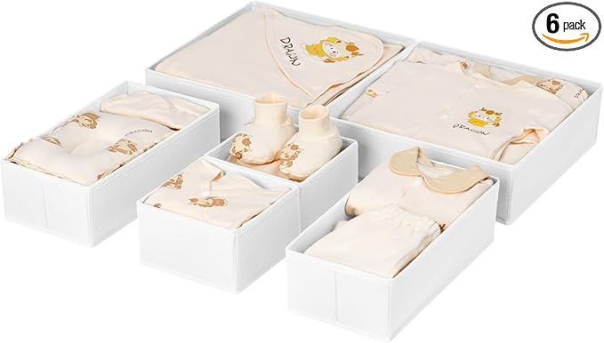 DIMJ Drawer Organizer Clothes, 6 Pack Fabric Drawer Organizer Bins, Foldable Baby Clothes Organizer & Dresser Organizer For Nursery, Clothes, Bedroom, Closet, Socks, Bra, Tie,White