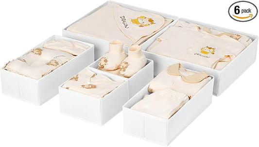 DIMJ Drawer Organizer Clothes, 6 Pack Fabric Drawer Organizer Bins, Foldable Baby Clothes Organizer & Dresser Organizer For Nursery, Clothes, Bedroom, Closet, Socks, Bra, Tie,White