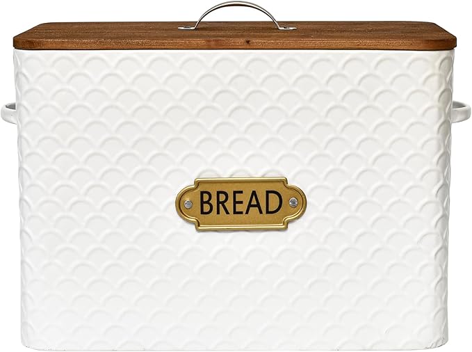 Extra Large Space Saving Farmhouse Bread Box With Wood Lid - Holds 2 Loaves - Vertical Breadbox Bread Storage Bin Holder for Kitchen Countertop, White