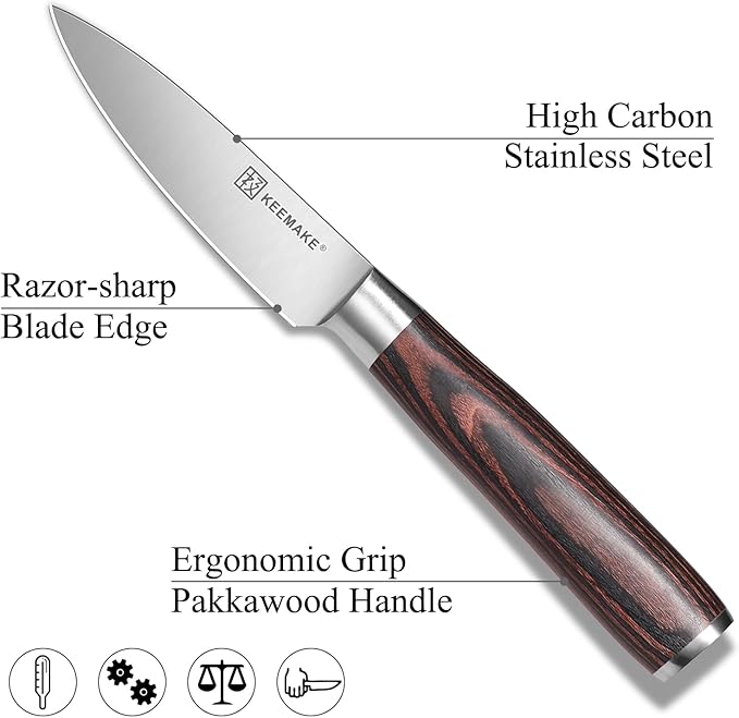 KEEMAKE 3.5 inch Paring Knife 3.5 Inch, Fruit Knife German High Carbon Stainless Steel Blade, Pakkawood Handle Small Kitchen Knife with Gift Box