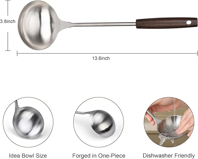 FJNATINH Soup Ladle, Stainless Steel Ladle with Heat Resistant Wooden Handle, Food Grade Metal Cooking Soup Spoon Kitchen Tools, Easy to Clean