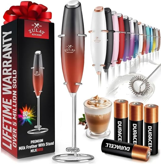 Zulay Kitchen Powerful Milk Frother Wand With 4 AA Duracell Batteries - Ultra Fast Handheld Drink Mixer - Electric Whisk Foam Maker for Coffee, Lattes, Cappuccino, Matcha & Creamer -