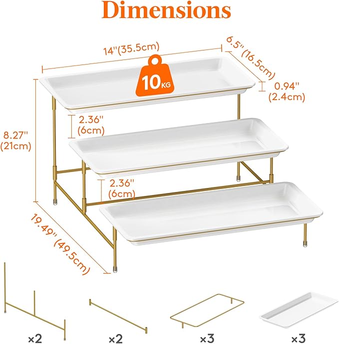 Lifewit Plastic 3 Tier Serving Tray for Party Supplies, 14" x 6.5" Crack-Proof Platters for Serving Food, White Reusable Trays with Yellow Metal Display Stand for Veggie, Fruit, Cookies, Dessert