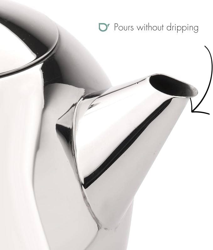 Santhee Double Walled Teapot, 1.4-Liter Stainless Steel Glossy Finish with Glossy Accents