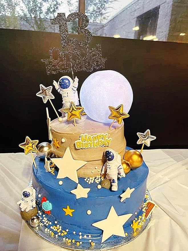 Cake Topper for Kids Astronaut Space Birthday Cake Decoration, 3D Soft Light Moon Outer Space Cake Topper for Party Supply, LED Moon Planet Birthday Cake Decoration
