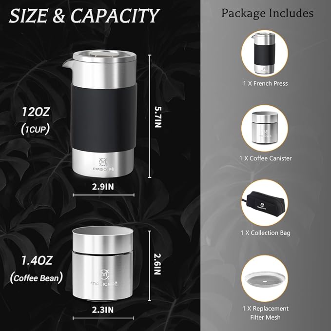 French Press Coffee Maker Set, Portable French Press with Mini Coffee Canister and Collection Bag, Single Serve 1 Cup Small Stainless Steel Double Walled Coffee Press 350ml/12oz