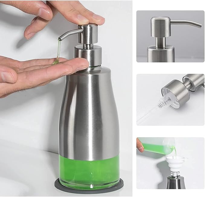 Soap Dispenser with Coaster and Stickers, Brushed Nickel Stainless Steel Case Glass Liner Hand Pump Dispenser, Refillable Liquid Hand Soap Dispenser for Bathroom & Kitchen (11OZ / 320ML)