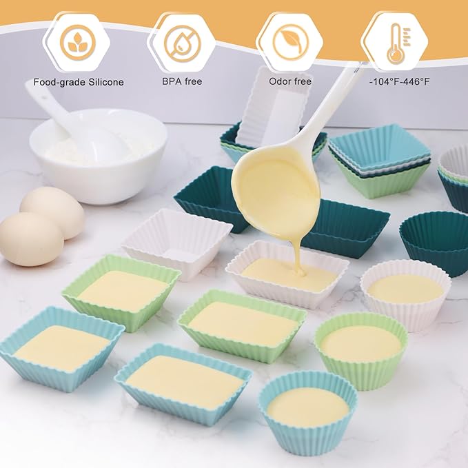 24Pack Silicone Muffin Cups, Reusable Cupcake Liners Molds for Baking, 3 Shapes Lunch Box Bento Dividers-Round, Square, and Rectangular (Neutral Colors, Regular Size)