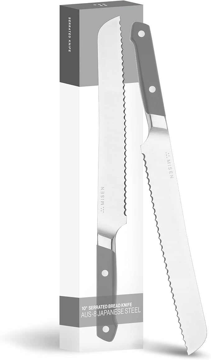 Misen Serrated Bread Knife – High-Carbon Japanese AUS8 Steel – Effortless Slicing of Bread, Pastries, and Fruits – Razor-Sharp Edge and Durable Blade with Ergonomic Handle - 10", Gray