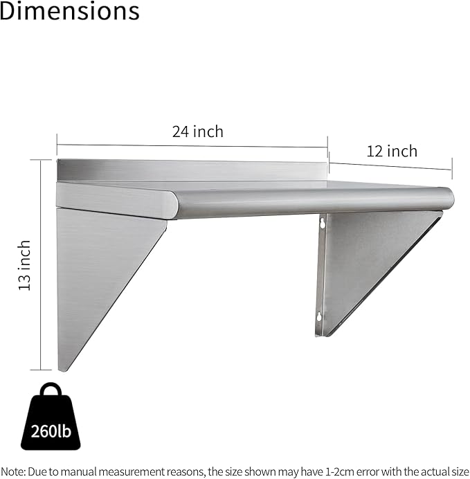 Stainless Steel Shelf 12"x24", Space-Saving Wall Mounted Shelving, 260lb Heavy Duty Steel Shelves with Easy-Clean Surface for Kitchen, Restaurant, Bar, Hotel (Commercial & Home Use)