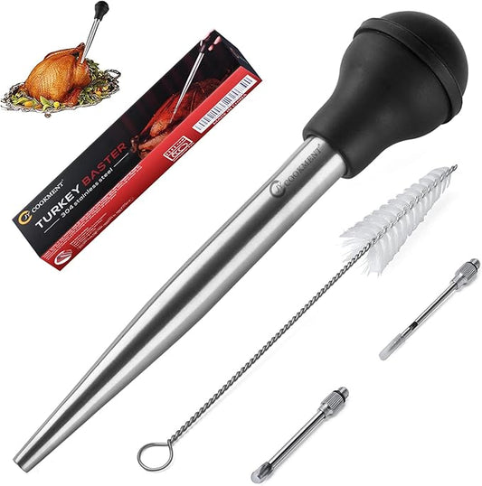 JY COOKMENT Stainless Steel Turkey Baster Baster Syringe for Cooking Meat Injector Set with 2 Marinade Needles 1 Cleaning Brush for Home Baking Kitchen Tool