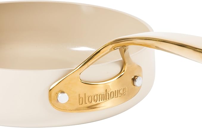 bloomhouse - Oprah's Favorite Things - 8 Inch Heavy Duty Aluminum Premium PFA Free Ceramic Nonstick Saute/Deep Frying Pan Skillet - Almond Cream w/Gold Handle