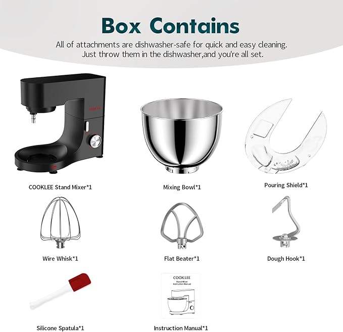 COOKLEE Stand Mixer, 9.5 Qt. 660W 10-Speed Electric Kitchen Mixer with Dishwasher-Safe Dough Hooks, Flat Beaters, Wire Whip & Pouring Shield Attachments for Most Home Cooks, Silver