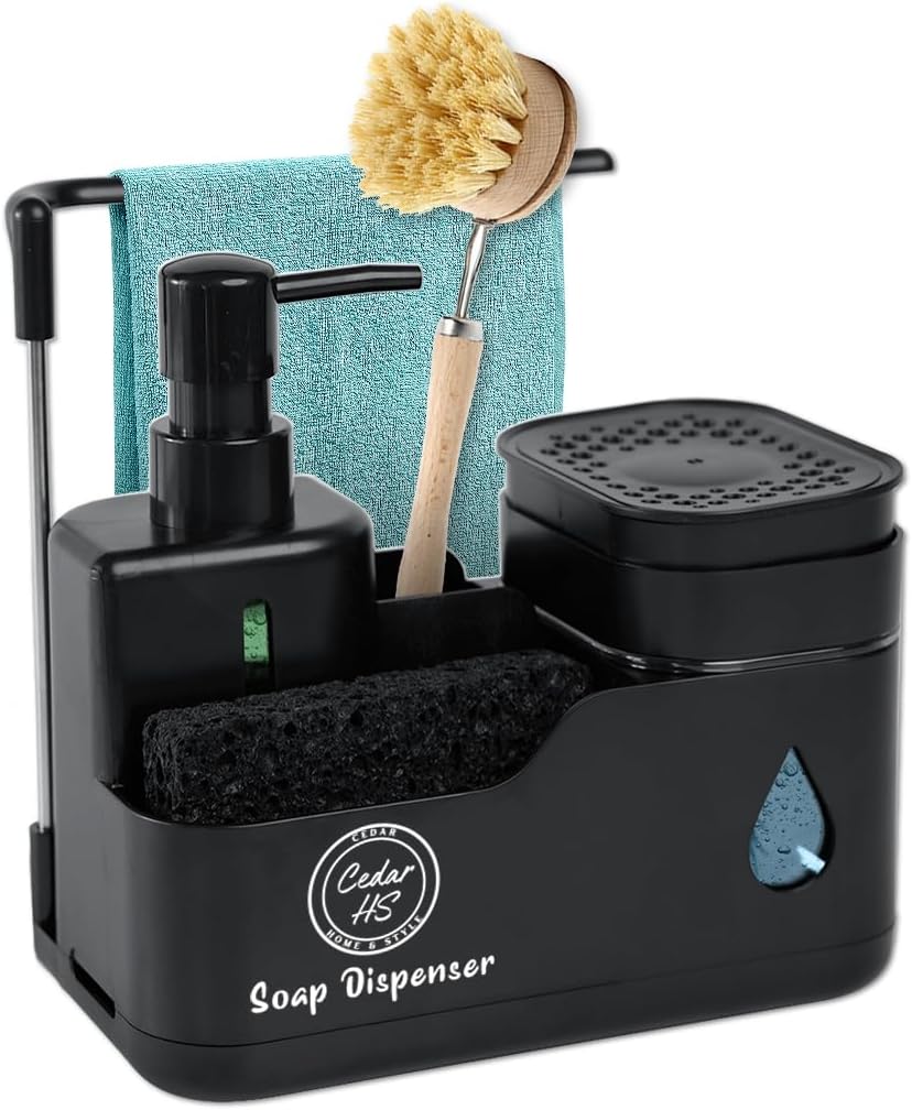 Kitchen Hand and Dish Soap Dispenser Set (Black) – Dual Pump Bottles with Sponge Caddy, Brush Holder, Towel Bar & Drain Rack – Space-Saving Countertop Organizer for Sink & Bathroom