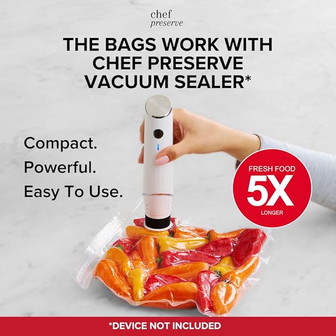 Chef Preserve Reusable Vacuum Sealer Bags for Food – 30 BPA-Free Large (12 x 13 in) Food Storage Bags, Freezer, Microwave – Odor-Resistant, Leak-Proof – Compatible with Chef Preserve Vacuum Sealers