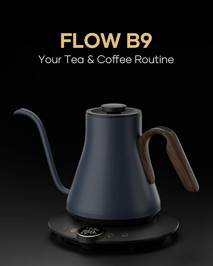 Cocinare FLOW B9 Gooseneck Electric Kettle, Precise Temperature Control for Pour-Over Coffee & Tea Brewing, Stainless Steel Interior, Rapid Heating for Boiling Water 1500W/0.9L (Blue Wooden)