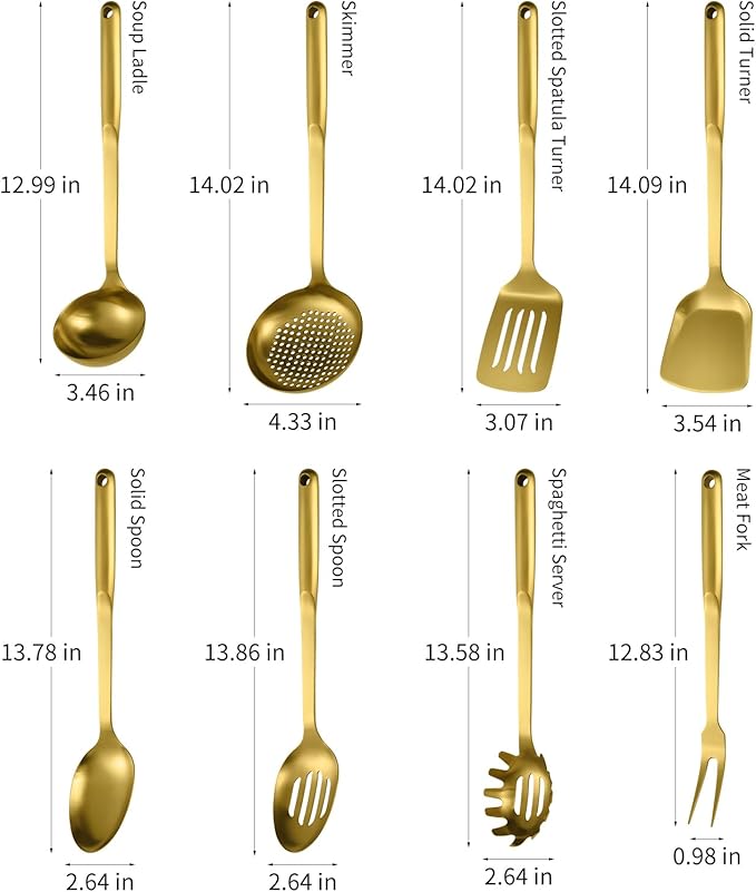 304 Stainless Steel Cooking Utensils Set, 8PCS Kitchen Utensils Set, Include Skimmer, Soup Ladle, Spaghetti Server, Wok Spatula, Slotted Spoon, Solid Spoon, Slotted Spatula Turner & Meat Fork, Gold