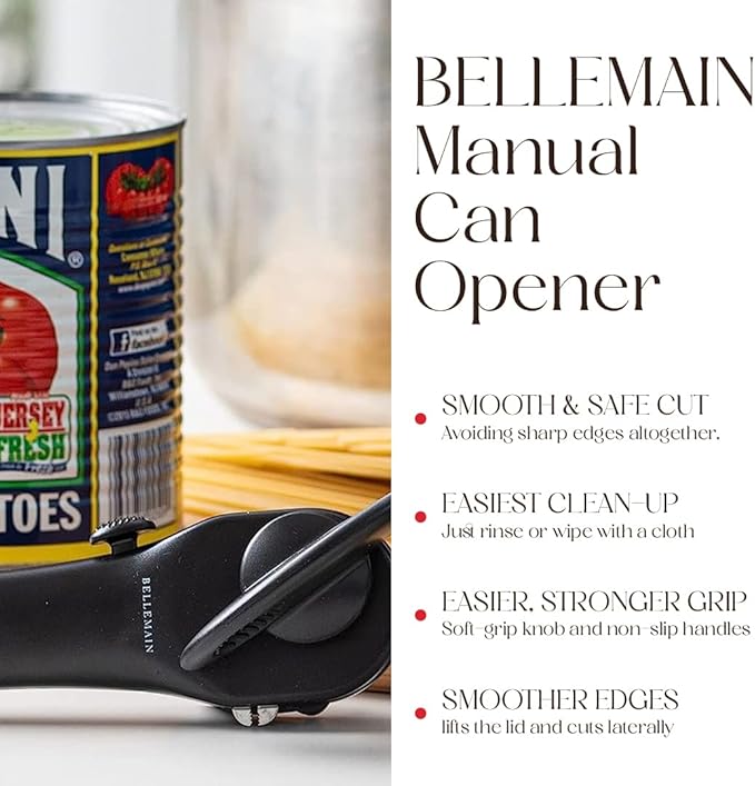Bellemain Stainless Steel Can Opener – Manual Can Opener For seniors - Ergonomic Smooth edge Can Opener Hand Held Heavy Duty – Easy to use can opener safe cut