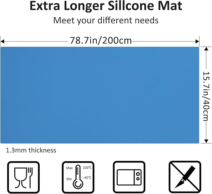 Silicone Mats for Kitchen Counter, Nonslip Silicone Mats for Crafts Countertop Protector Heat Resistant Mat (Light Blue, 78.7"L x 15.7"W)