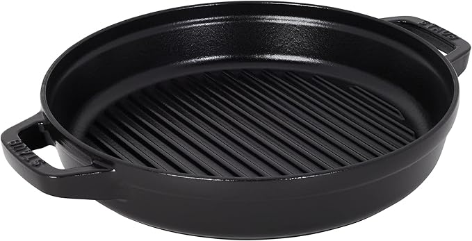 STAUB Cast Iron Set 4-pc, Stackable Space-Saving Cookware Set, Dutch Oven, Skillet, Grill Pan with Universal Lid, Made in France, Matte Black