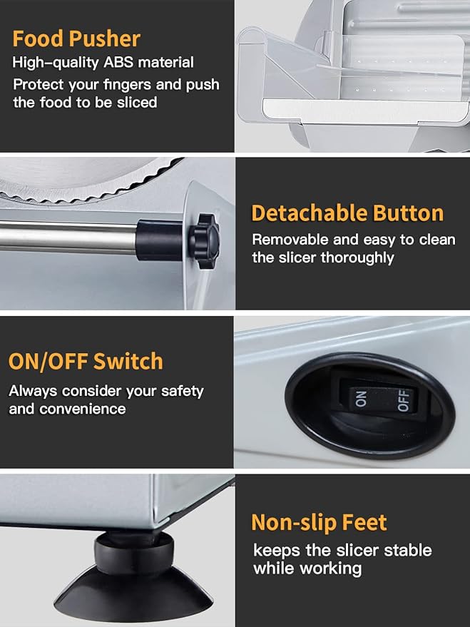 Meat Slicer, 200W Electric Food Slicer with 2 Removable 7.5" Stainless Steel Blades and Stainless Steel Tray, Child Lock Protection, Adjustable Thickness, Food Slicer Machine for Meat Cheese Bread