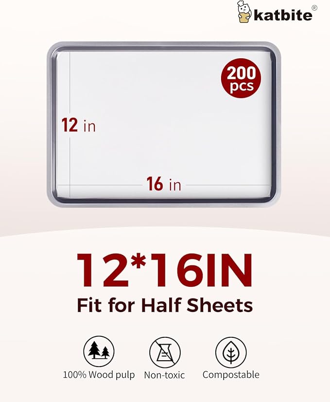 Katbite 200PCS 12x16 In Heavy Duty Flat Parchment Paper, Parchment Paper Sheets for Baking Cookies, Cooking, Frying, Air Fryer, Grilling Rack, Oven(12x16 Inch)[Advanced Series]