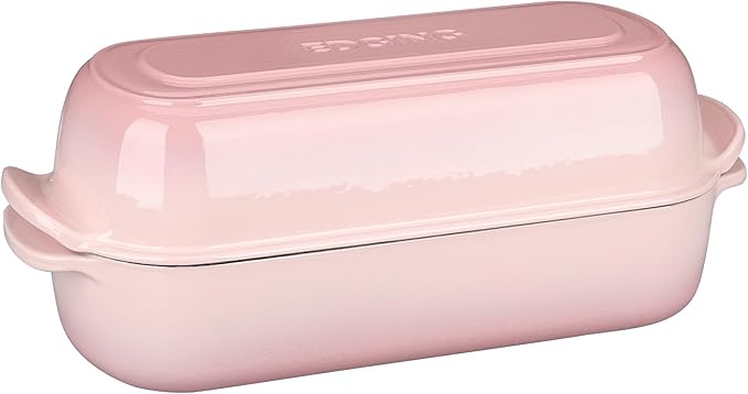 Enameled Cast Iron Loaf Pan with Lid, Dutch Oven for Homemade Bread Baking, 12.5x5.5 inch, 5Qt, Pink