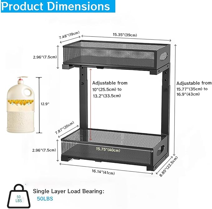 2-pack under sink organizer, 2-tier under sink organizer and storage, slide-out pull-out cabinet organizer with mesh metal sliding drawer for home kitchens, bathrooms, pantries (Black)