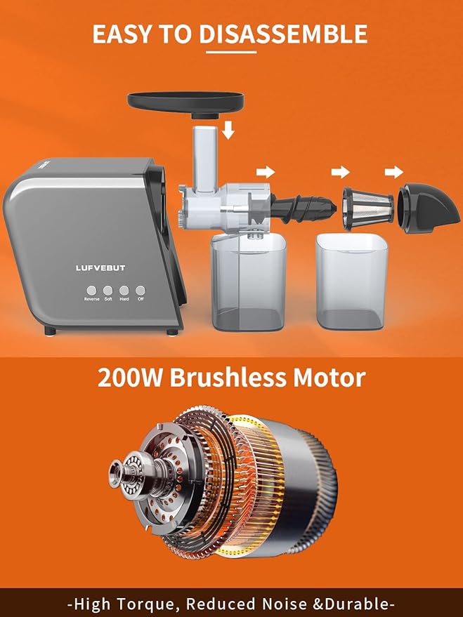 Electric Juicer Slow Smart Home Juicer Machines for Fruits Vegetable Ginger Beets Carrots Celery Cold Press Masticating Juicer Extractor Dishwasher Safe Quiet Motor Easy To Clean with Reverse Function