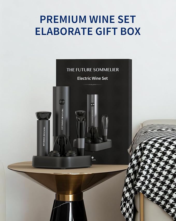 CIRCLE JOY Rechargeable Electric Wine Opener Set 7-in-1 Aluminum Alloy Wine Gift Set with Electric Corkscrew, Foil Cutter, Wine Pourer, Charging Base, Vacuum Pump and 2 Wine Stoppers