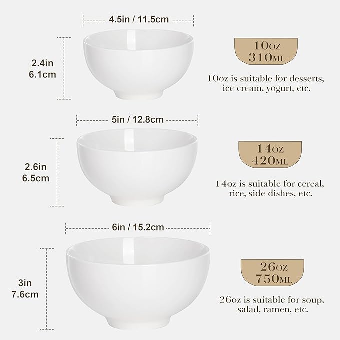 MALACASA 26 OZ Porcelain Soup Bowls Set of 4, White Ceramic Bowls for Kitchen, Cereal Bowl for Oatmeal, Fruit, Salad, Ramen and Rice Bowl -Dishwasher & Microwave Safe Bowls,
