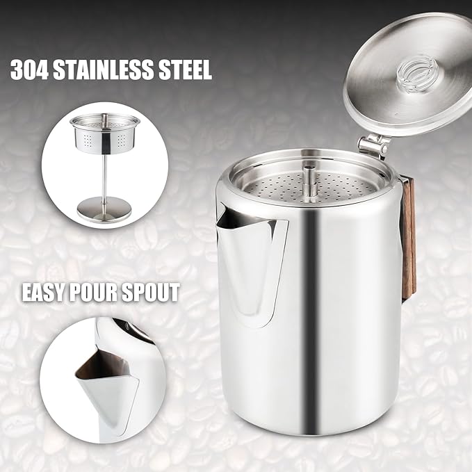 Percolator Coffee Pot Using on Induction Cooker & Campfire Stove, Stainless Steel Camping Coffee Pot Coffee Maker with Tempered Borosilicate Glass Knob Top NO Aluminum NO Plastic 9 Cup