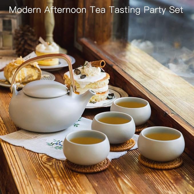 ZENS Vintage Japanese Tea Set, 27oz Ceramic Japanese Teapot with Infuser, Wood Handle Matte Gray Teapot with Strainers and 4 Cups for Tea Party, Women's Gift