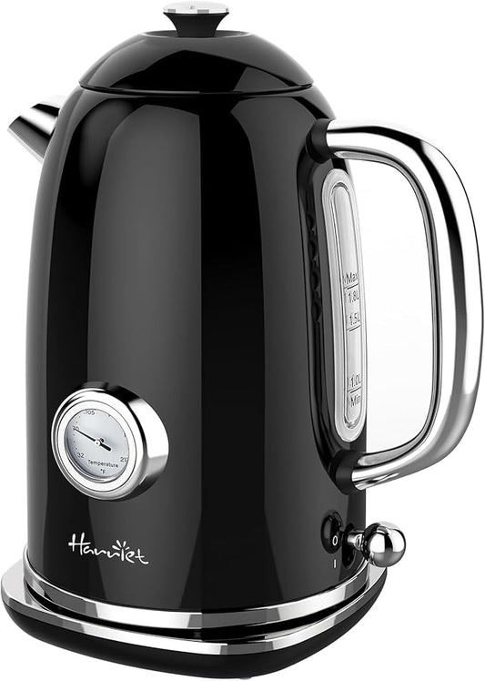 Harriet Electric Kettle, 1.8L Retro Electric Tea Kettle with Thermometer, 1500W Stainless Steel Hot Water Kettle Electric with LED Indicator, Fast Boiling, Cordless, Auto Shut-Off, Black