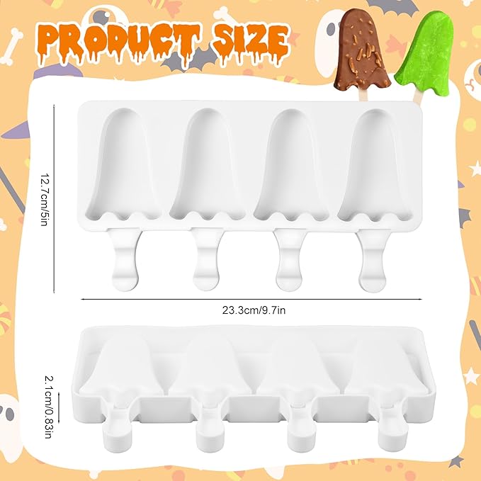 Hushee Halloween Ghost Shaped Mold Large 4 Cavity Reusable Silicone Cakesicle Cake Pop Ice Cream Mold for Halloween Adults Homemade Ice Cream Chocolate Candy DIY Trick Dessert Decorating