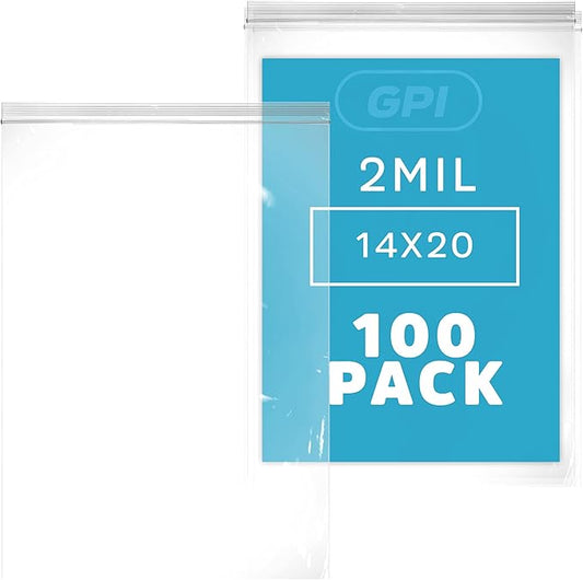 GPI Pack of 100, 14" x 20" Clear Plastic RECLOSABLE Zip Bags - Bulk 2 mil Thick Strong & Durable Poly Baggies with Resealable Zip Top Lock for Travel, Storage, Packaging & Shipping