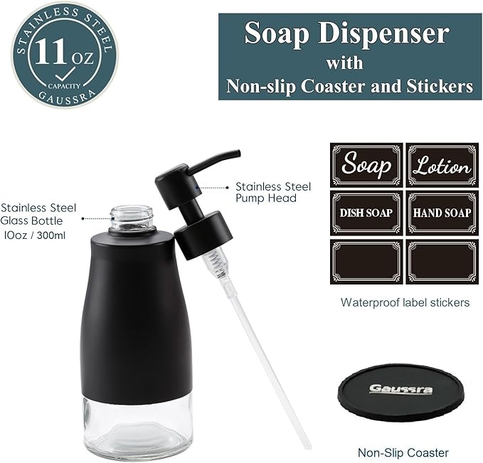 Black Soap Dispenser with Coasterand Stickers, Refillable Liquid Stainless Steel Soap Dispenser for Kitchen Sink, Bathroom Countertop (11OZ / 320ML)