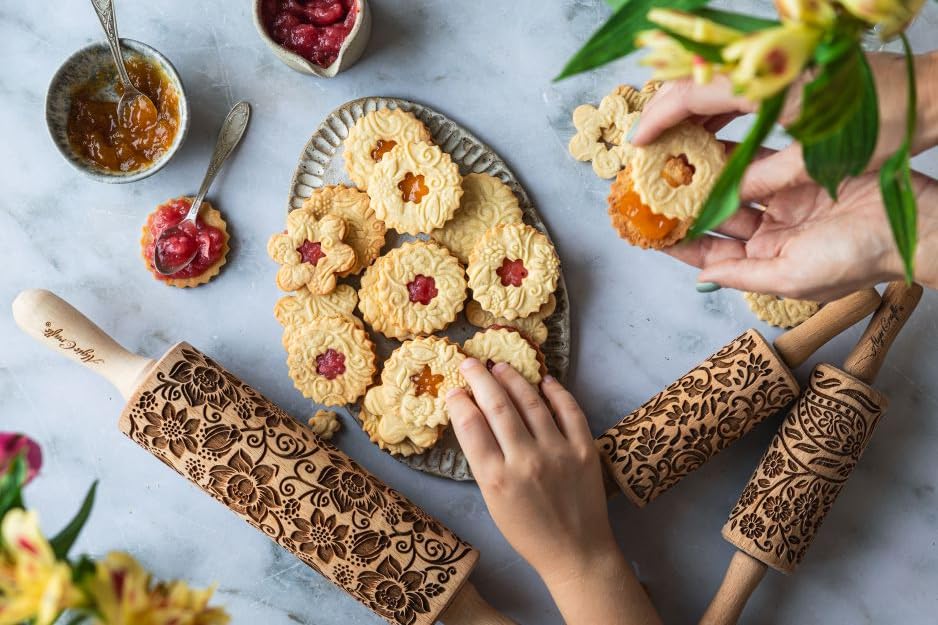 FLORET 3 Kid Rolling Pin Set with Lotus, Kashmir, Paisley, Flowering Vine, Lily Flowers Patterns. Wooden Laser Cut Mini Rolling Pins for Cookies, Play Dough, Salt Dough or Clay by Algis Crafts