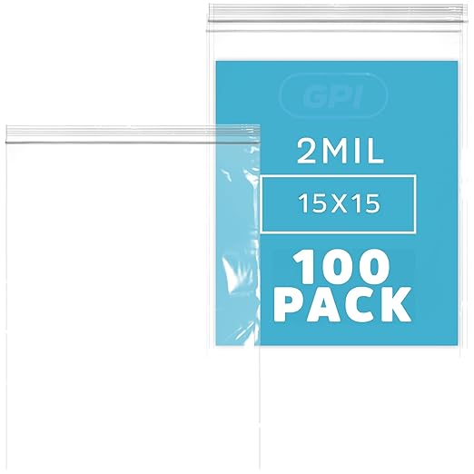 GPI - 15" x 15", Pack of 100, Clear Plastic Reclosable Zip Bags, Large, Bulk 2 mil Thick Strong & Durable Poly Baggies with Resealable Zip Top Lock for Travel, Storage, Packaging & Shipping.