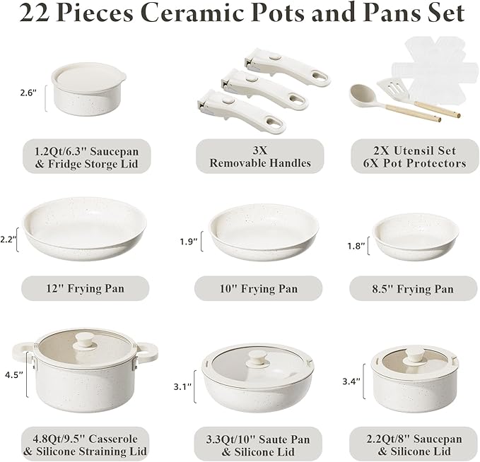 22-Piece Pots and Pans Set Non Stick with Removable Handles, Ceramic Cookware Set, Large-Capacity & Non Toxic, Induction & RV Compatible, Dishwasher Safe, PFAS/PTFE/PFOA Free, White
