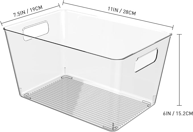 6 Pack Clear Plastic Storage Bins, 11" Large Pantry Organizer Bins with Handles, Plastic Containers for Refrigerator,BPA-Free Perfect for Kitchen,Fridge,Cabinet,Pantry,Bathroom,Closet Organization