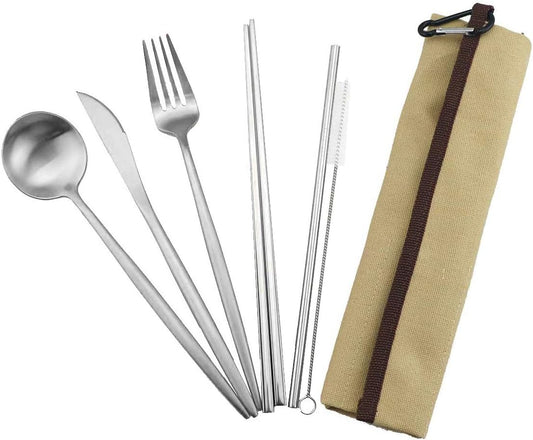 Gugrida Reusable Travel Utensils, 7 Pieces Portable 18/10 Stainless Steel include Knife Fork Spoon Chopsticks Cleaning Brush Straws Portable Pouch, Eco-friendly Camping Silverware Set, Dishwasher Safe
