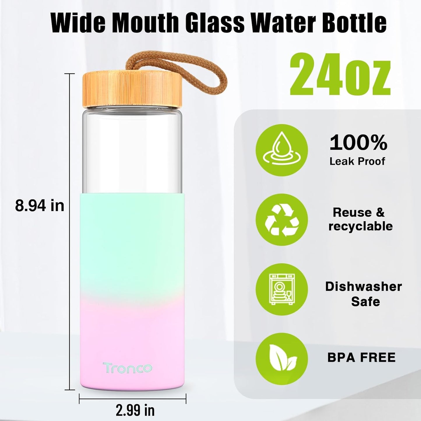 Tronco 24oz Glass Water Bottles with Bamboo Lid & Silicone Sleeve, Leak Proof, BPA Free, Reusable Borosilicate Glass Bottles for Juicing, Smoothies, Juice & Water, for Men & Women Gym, Office, Travel