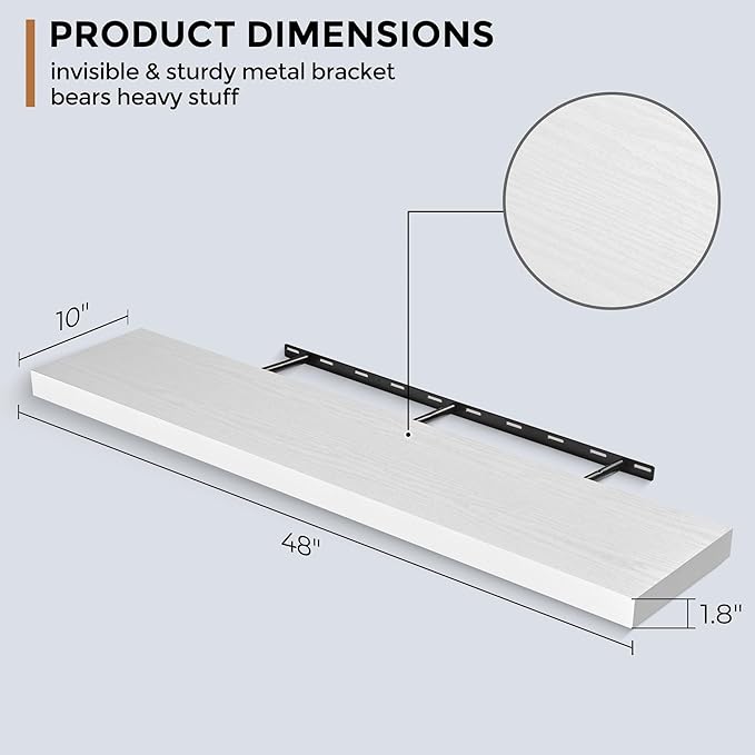 Floating Shelves - 10.3 Inch Deep Wall Shelf for Decor & Storage - Wall Mounted Display Shelving with Invisible Heavy-Duty Metal Bracket - 48" W x 10.3" D x 1.8" H - Set of 1 - Rustic White