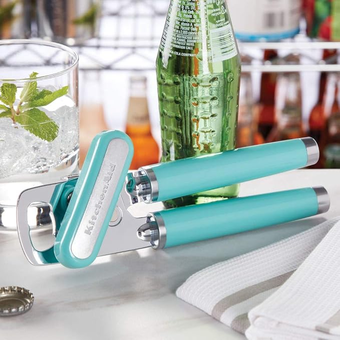 KitchenAid Classic Multifunction Can Opener and Bottle Opener Easy to Use, Razor Sharp Stainless Steel Cutting Wheel, Soft Ergonomic Handles, Aqua Sky