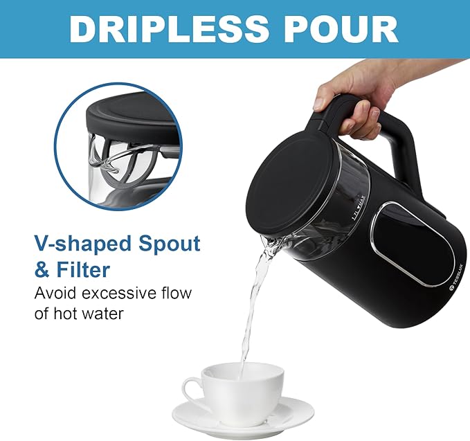 Electric Kettle, 1500W Fast Boiling Glass Water Kettle with Temperature Control, 1.7L Cordless Stainless Steel Base, Keep Warm & Auto Shut-Off, BPA-Free, Black