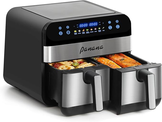 Panana XL 9.5 Quart 8 Preset Cooking Functions 2-Basket Air Fryer with 2 Frying Baskets, Match Cook & Smart Finish to Bake, Roast, Reheat, Broil, Dehydrate & More for Quick, Easy Meals