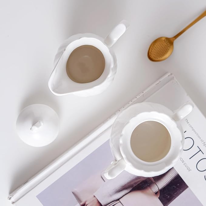 Sugar and Creamer Set Ceramic, Creamer Pitcher and Sugar Bowl with Lid, Creamer Pitcher with Handle,Sugar Cube Dish Coffee or Tea, White (white)