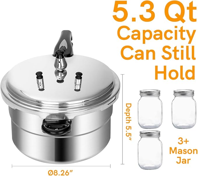 BreeRainz 5.3 Quart Pressure Cooker, 10 PSI Induction Compatible Pressure Canner w/Honeycomb Stainless Steel Clad Base for Fast & Even Heating, Canning Rack Included