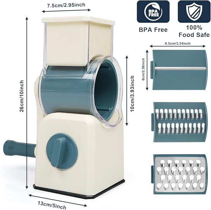 3 in 1 Cheese Grater, Rotary Cheese Grater with Handle for kitchen, Vegetable Slicer with 3 Replaceable Stainless Steel Blades,Peeler and Rubber Gloves (Blue)